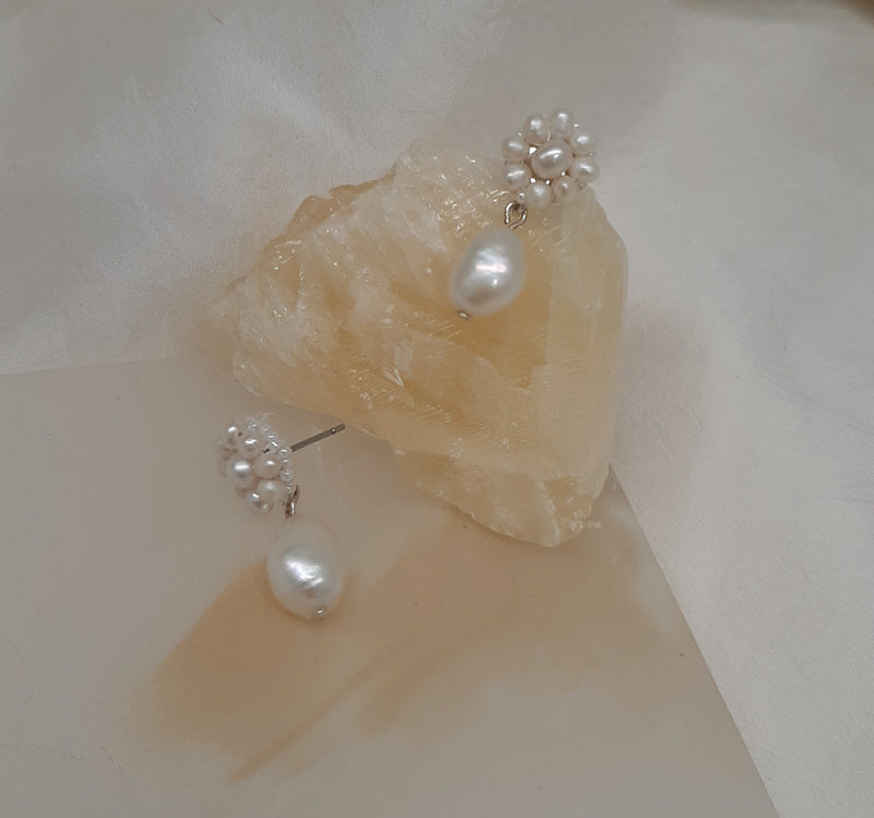 Lila (v2) - natural cultured freshwater pearls flower shaped stud and drop earrings