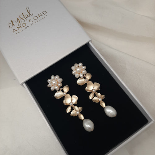 Lillie v2 - freshwater pearls and matt gold-tone triple orchid flower drop stud earrings