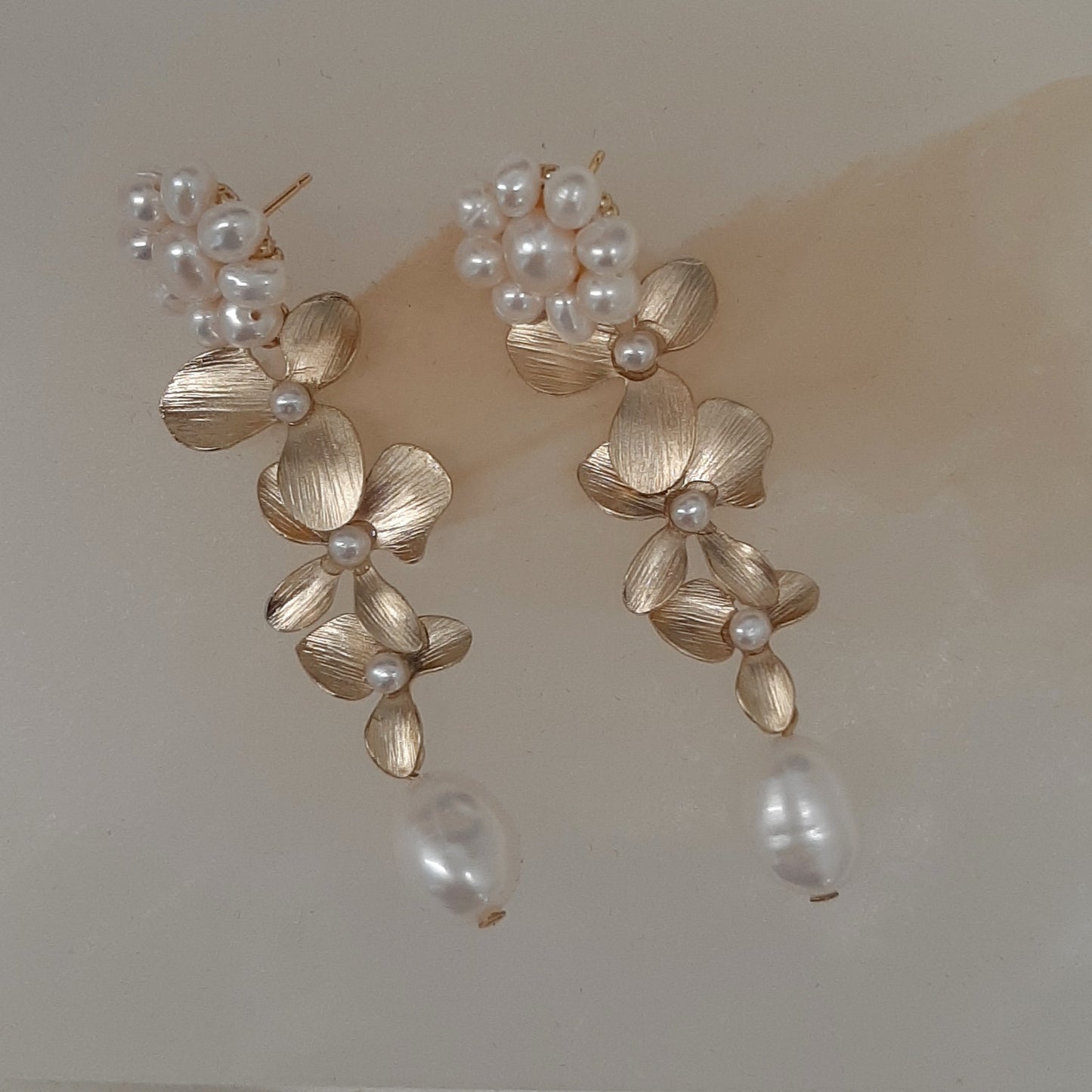 Lillie v2 - freshwater pearls and matt gold-tone triple orchid flower drop stud earrings