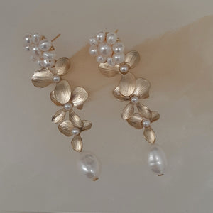Lillie v2 - freshwater pearls and matt gold-tone triple orchid flower drop stud earrings