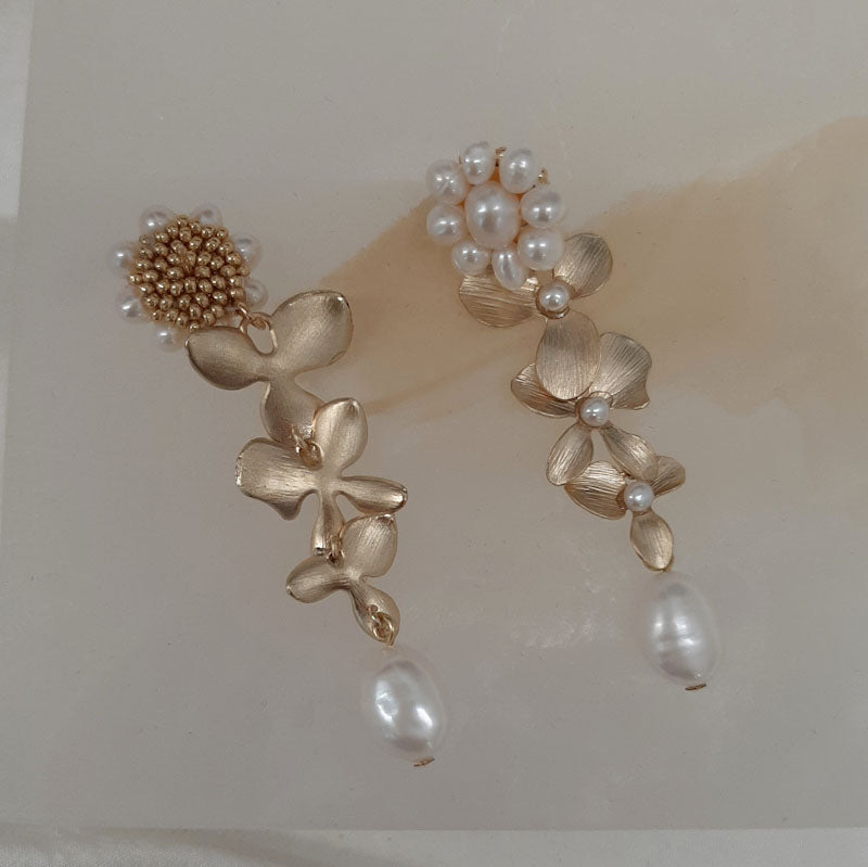 Lillie v2 - freshwater pearls and matt gold-tone triple orchid flower drop stud earrings