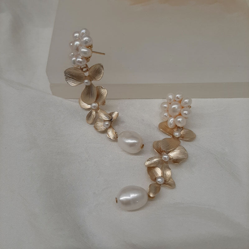 Lillie v2 - freshwater pearls and matt gold-tone triple orchid flower drop stud earrings