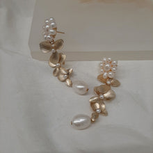 Load image into Gallery viewer, Lillie v2 - freshwater pearls and matt gold-tone triple orchid flower drop stud earrings
