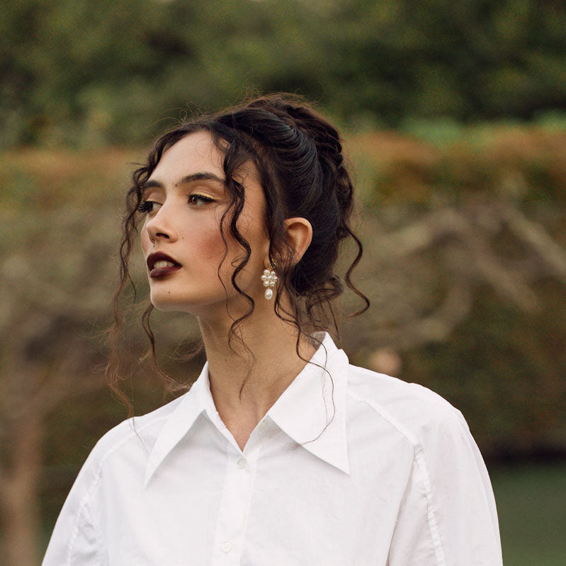 Lishara - hand beaded stud and freshwater pearl beads flower shaped drop earrings