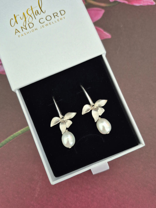 Liz - sterling silver earwires with or without cubic zironia's, orchid flower and pearl drop earrings