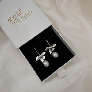 Liz - sterling silver earwires with or without cubic zironia's, orchid flower and pearl drop earrings