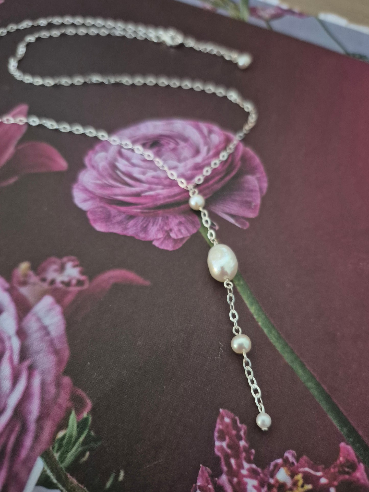 Lizzy - Swarovski crystal pearls and flat sterling silver chain long necklace