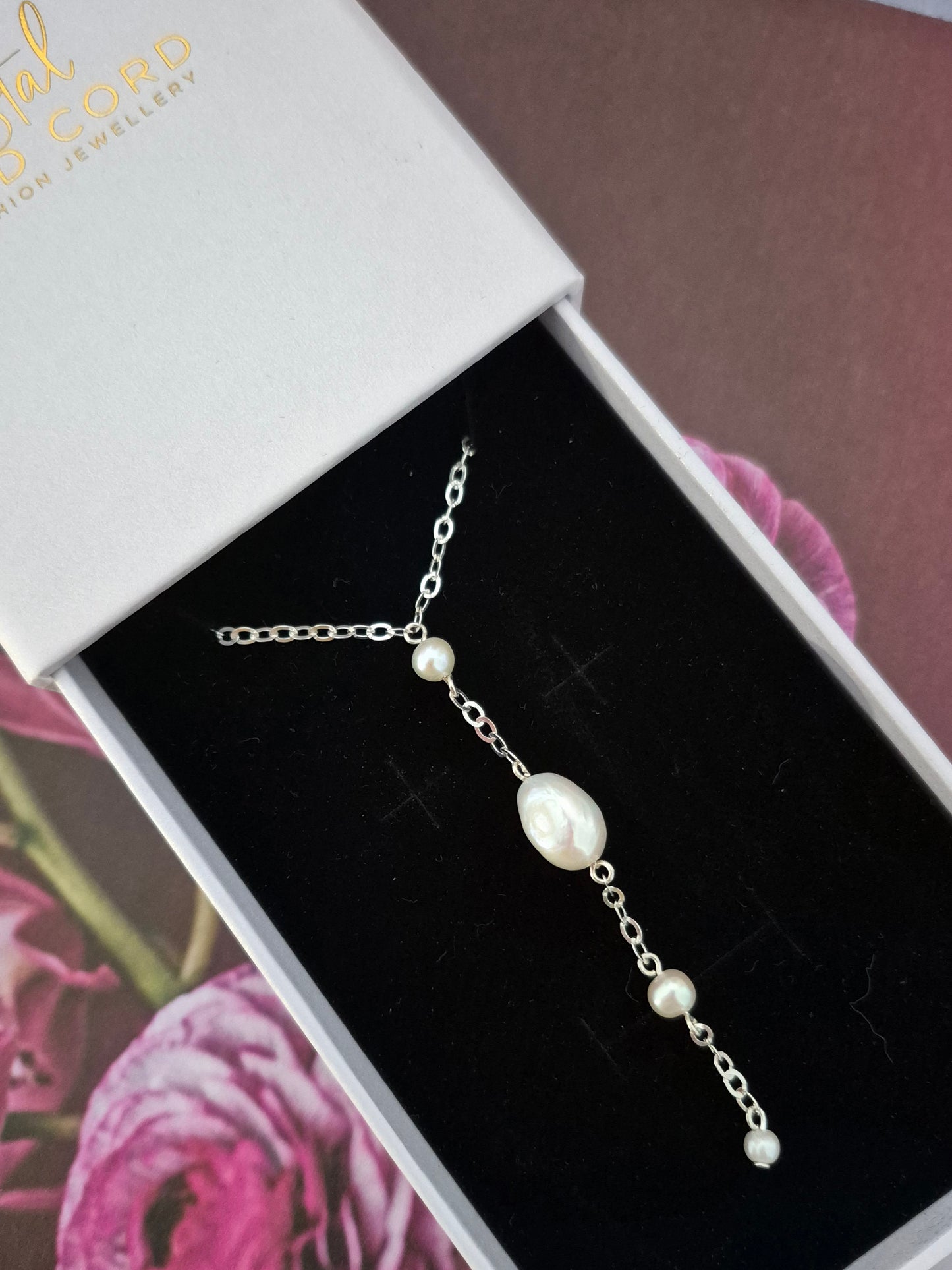 Lizzy - Swarovski crystal pearls and flat sterling silver chain long necklace