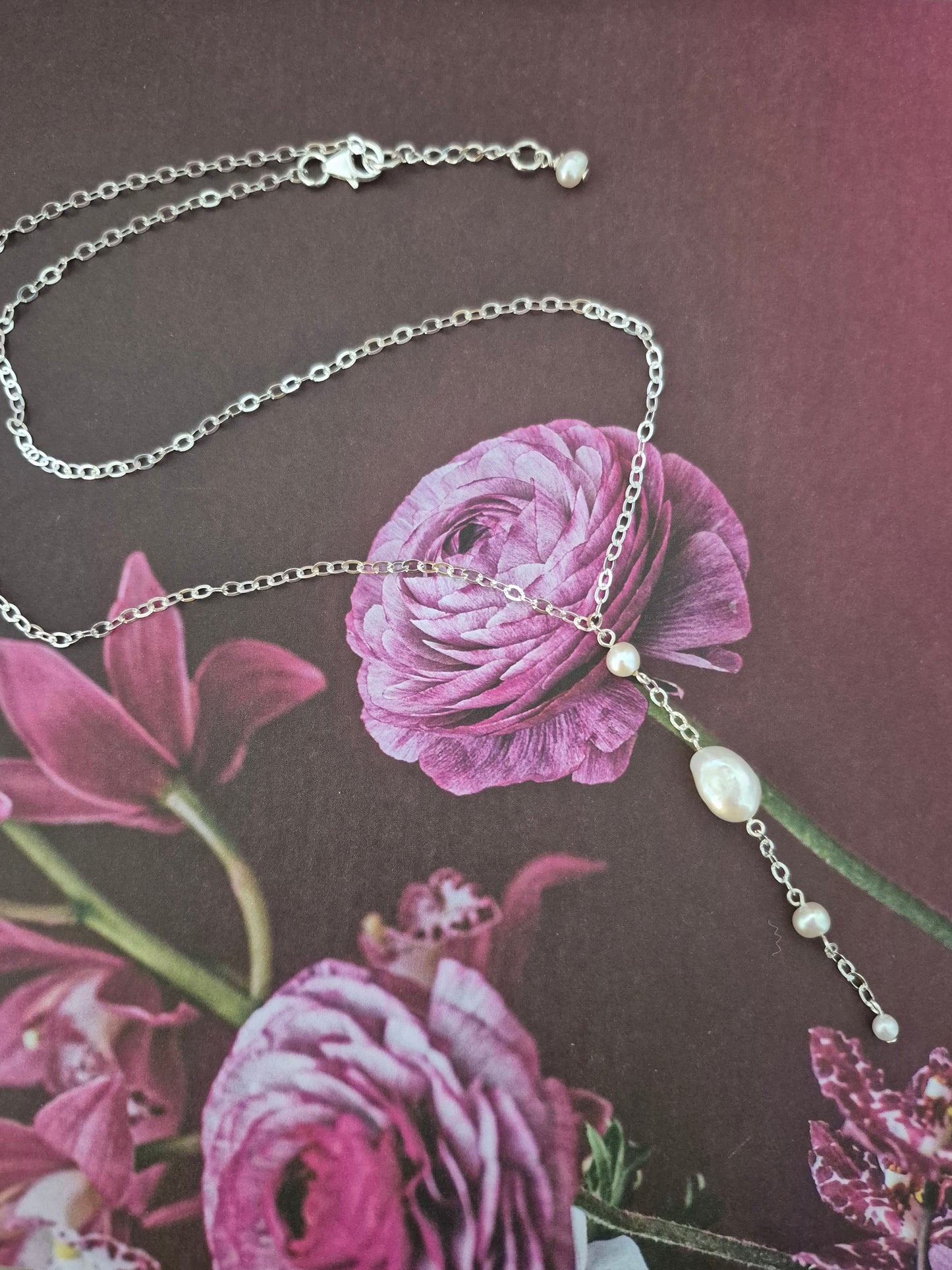 Lizzy - Swarovski crystal pearls and flat sterling silver chain long necklace