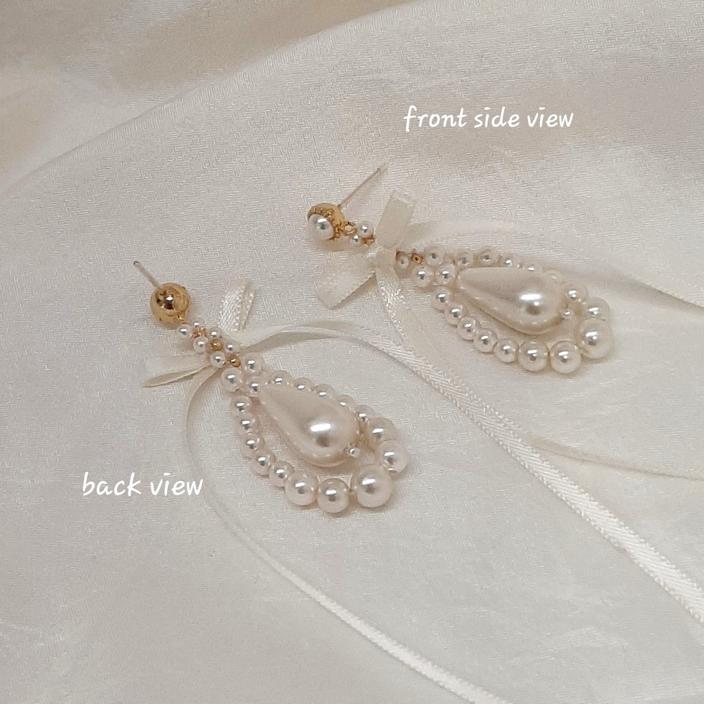 Lorelei- crystal pearl teardrop and ribbon bow gold-tone stud earrings