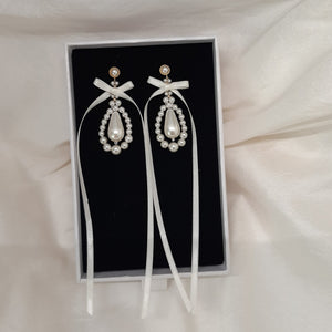 Lorelei- crystal pearl teardrop and ribbon bow gold-tone stud earrings