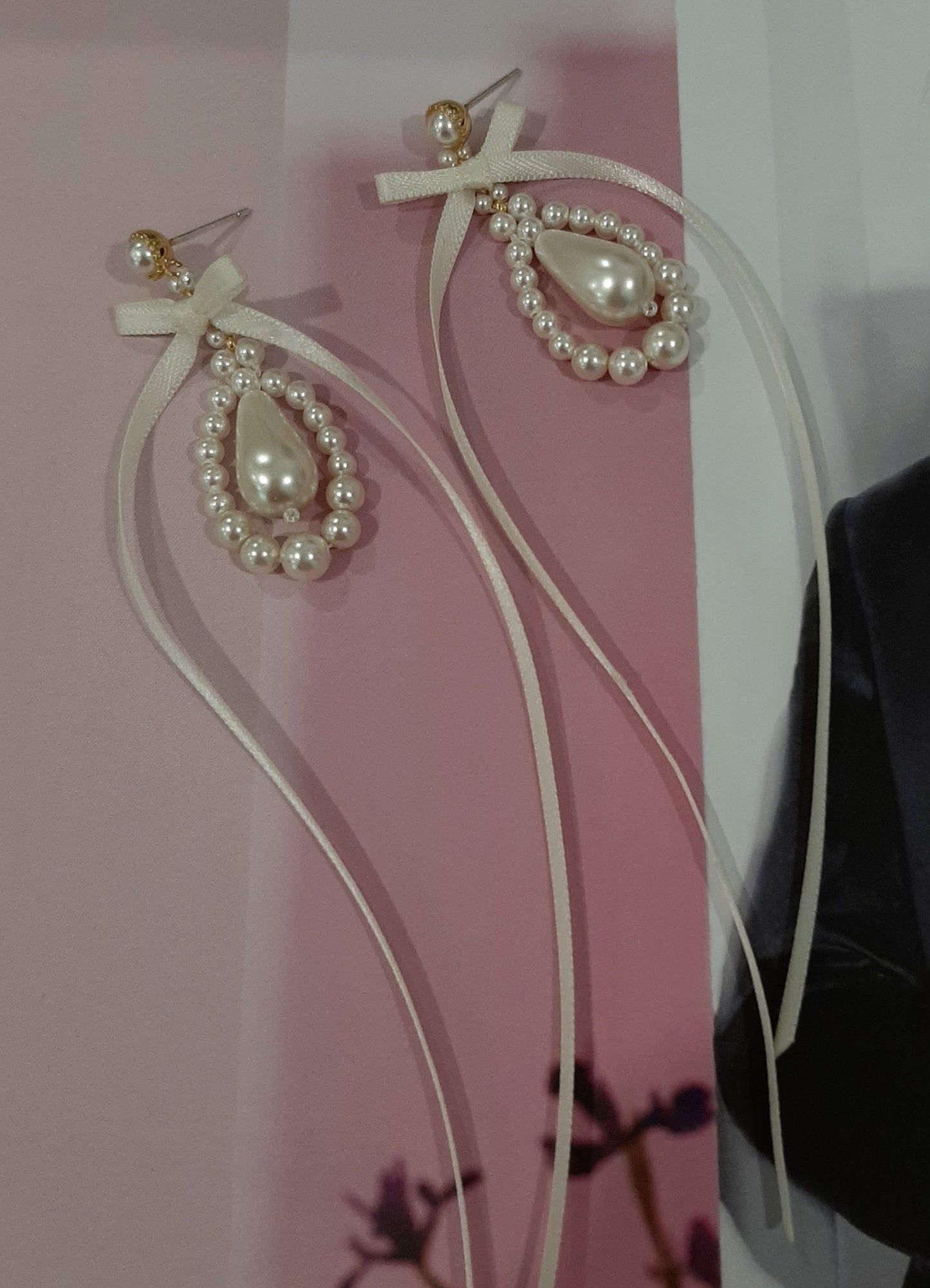 Lorelei- crystal pearl teardrop and ribbon bow gold-tone stud earrings