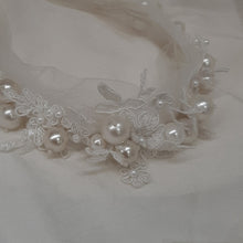 Load image into Gallery viewer, Luciana - round white crystal pearls, tuille and lace headband
