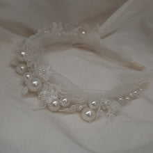 Load image into Gallery viewer, Luciana - round white crystal pearls, tuille and lace headband