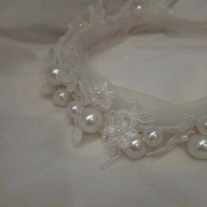 Luciana - round white crystal pearls, tuille and lace headband