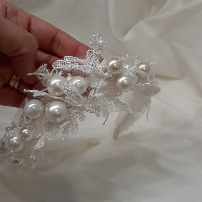 Luciana - round white crystal pearls, tuille and lace headband
