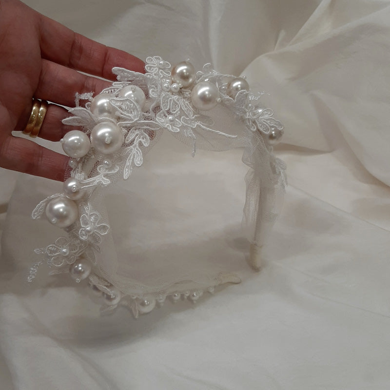 Luciana - round white crystal pearls, tuille and lace headband