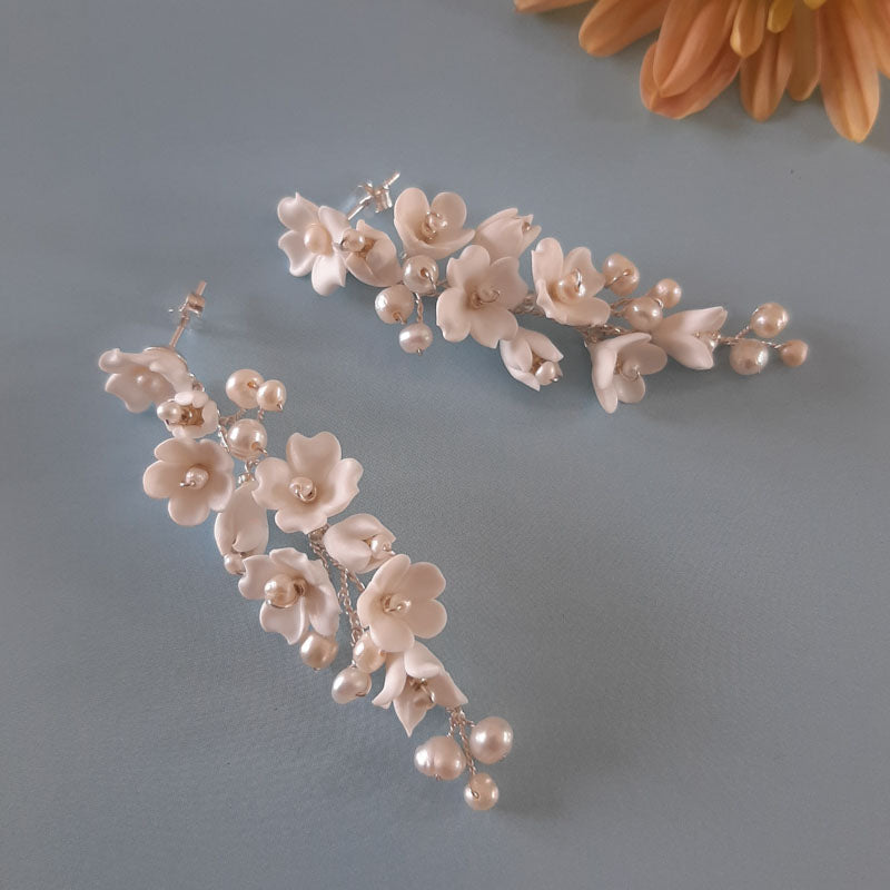 Lucia - polymer clay flowers, white freshwater pearls long cascading stud drop earrings and hair pins