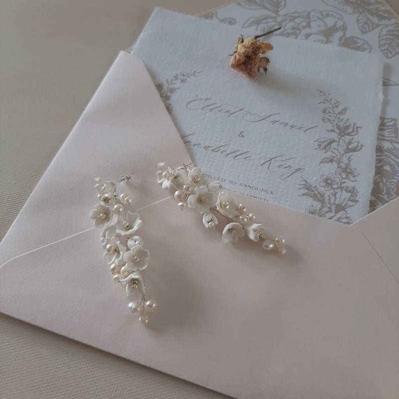 Lucia - polymer clay flowers, white freshwater pearls long cascading stud drop earrings and hair pins