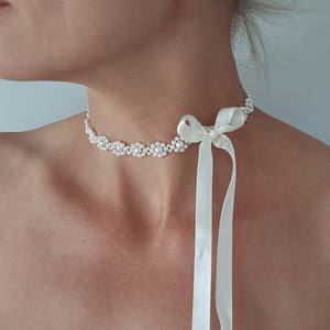 Margie - flower shaped crystal based pearls and ribbon choker necklace, headband or bracelet