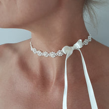 Load image into Gallery viewer, Margie - flower shaped crystal based pearls and ribbon choker necklace, headband or bracelet
