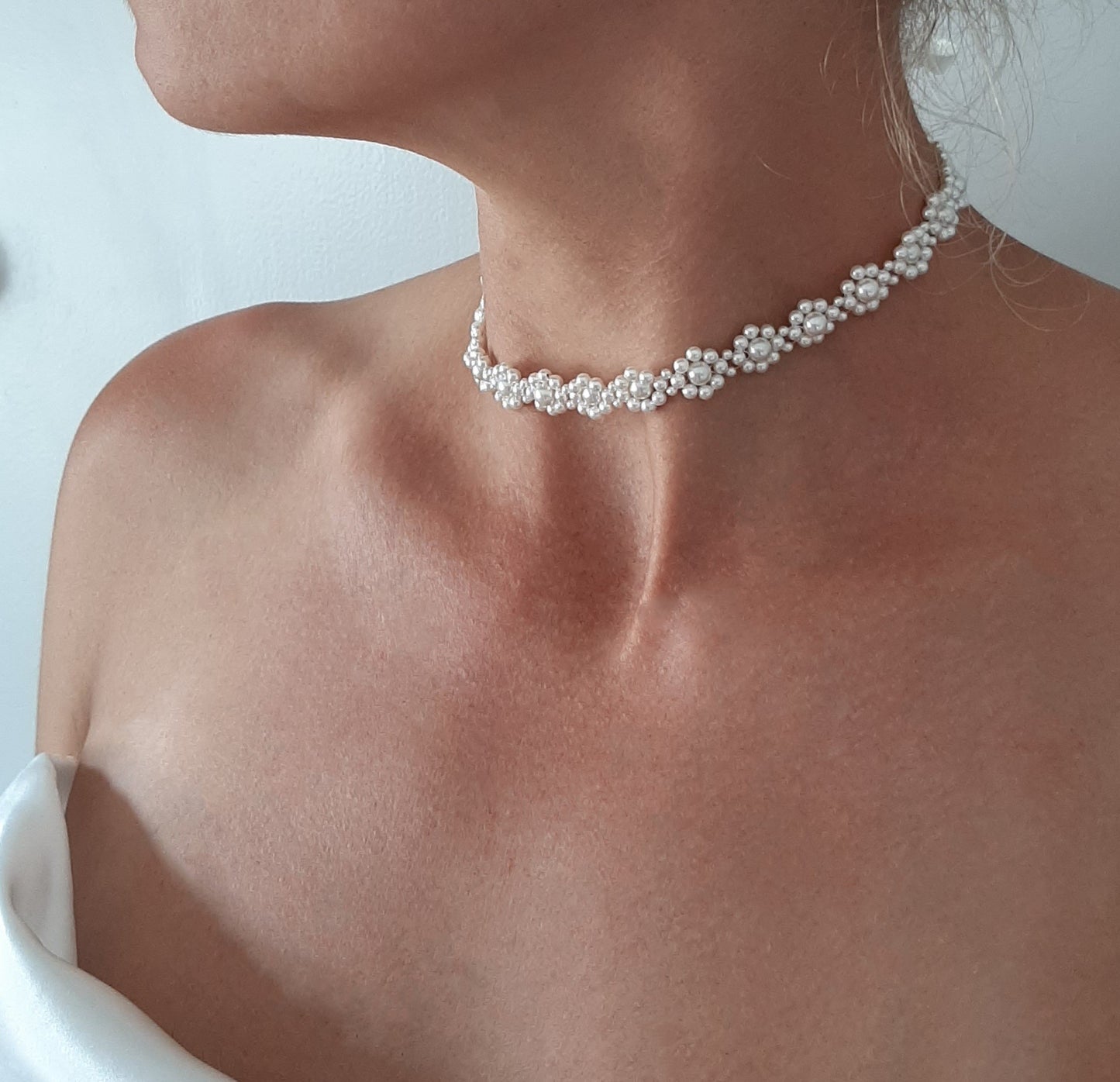 Margie - flower shaped crystal based pearls and ribbon choker necklace, headband or bracelet