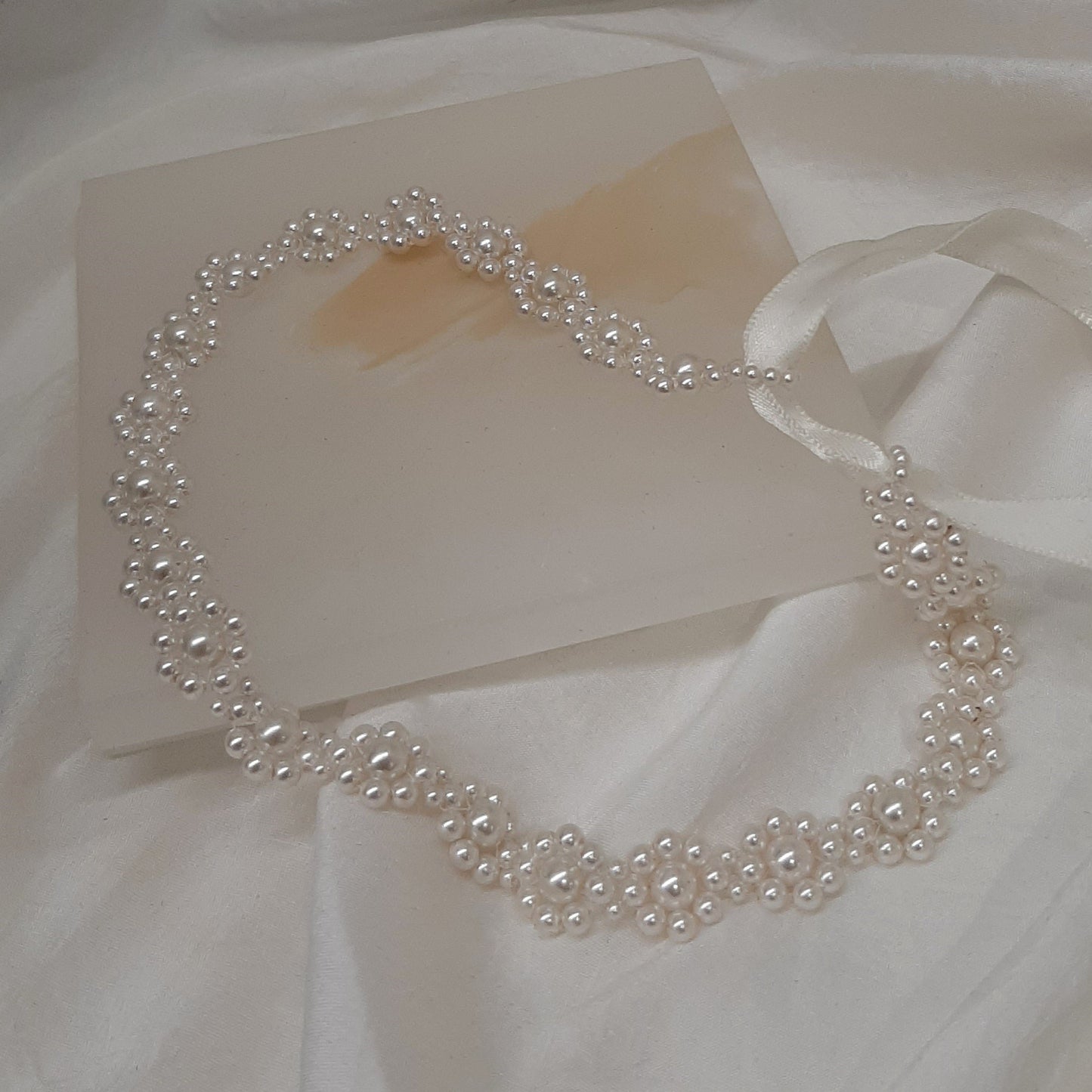 Margie - flower shaped crystal based pearls and ribbon choker necklace, headband or bracelet