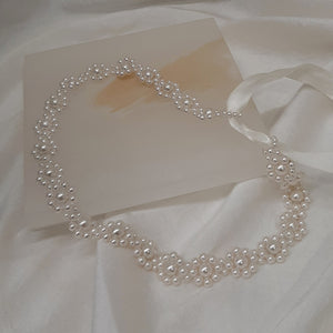 Margie - flower shaped crystal based pearls and ribbon choker necklace, headband or bracelet