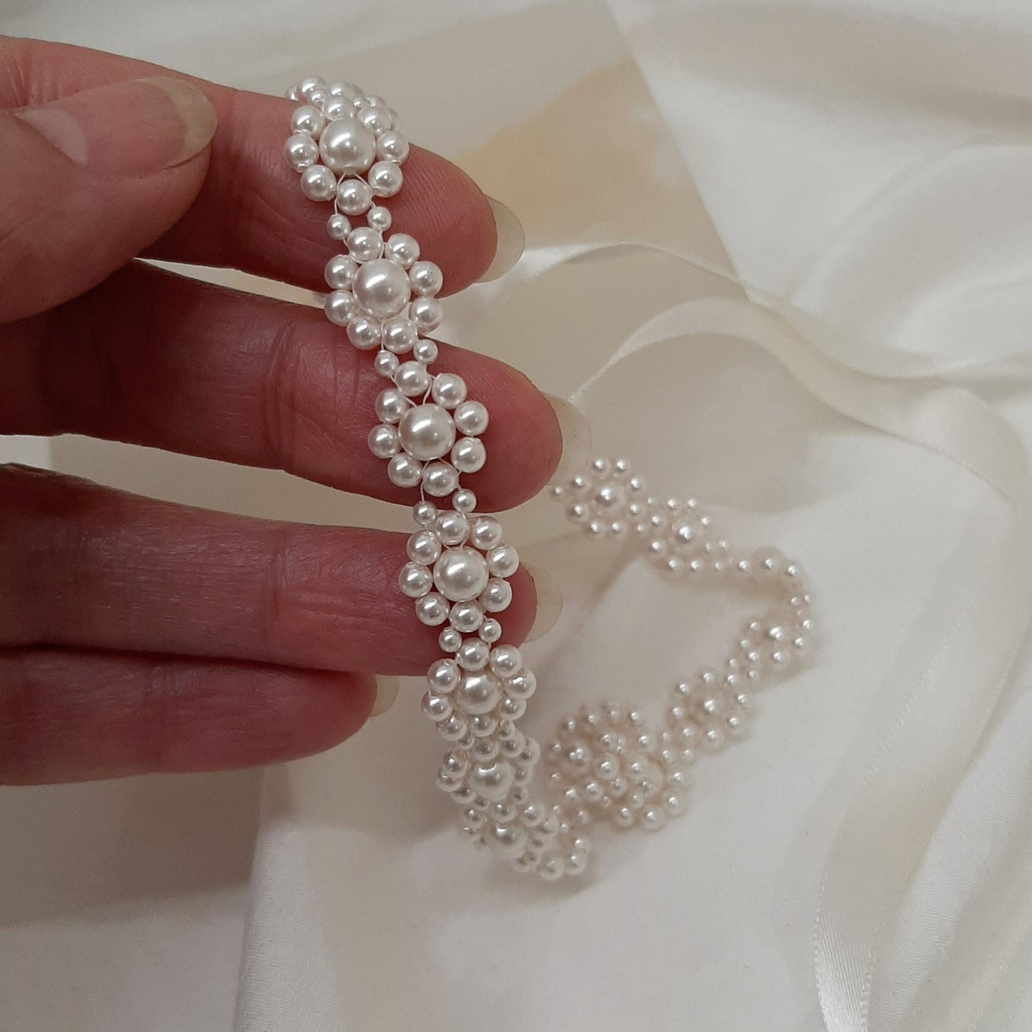 Margie - flower shaped crystal based pearls and ribbon choker necklace, headband or bracelet