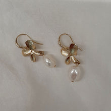 Load image into Gallery viewer, Matti - silver or gold orchid shaped flower with freshwater pearl drop earrings