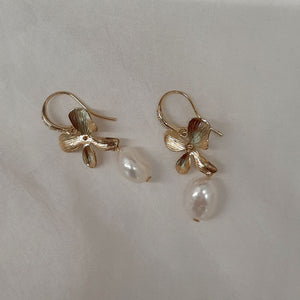 Matti - silver or gold orchid shaped flower with freshwater pearl drop earrings
