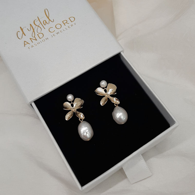 Matti - silver or gold orchid shaped flower with freshwater pearl drop earrings