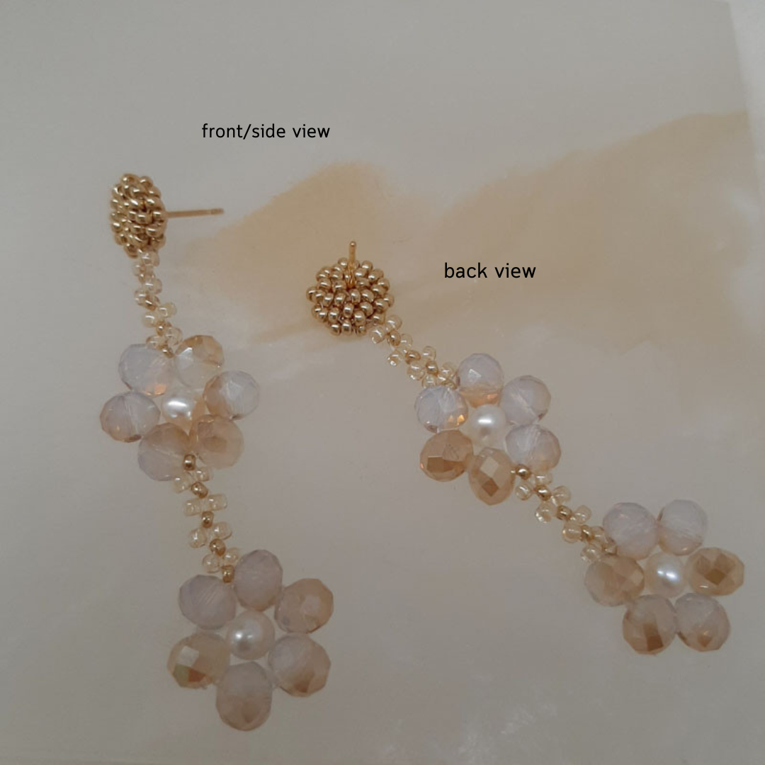 Morissa - hand beaded stud and opalite champagne glass beads flower shaped drop earrings