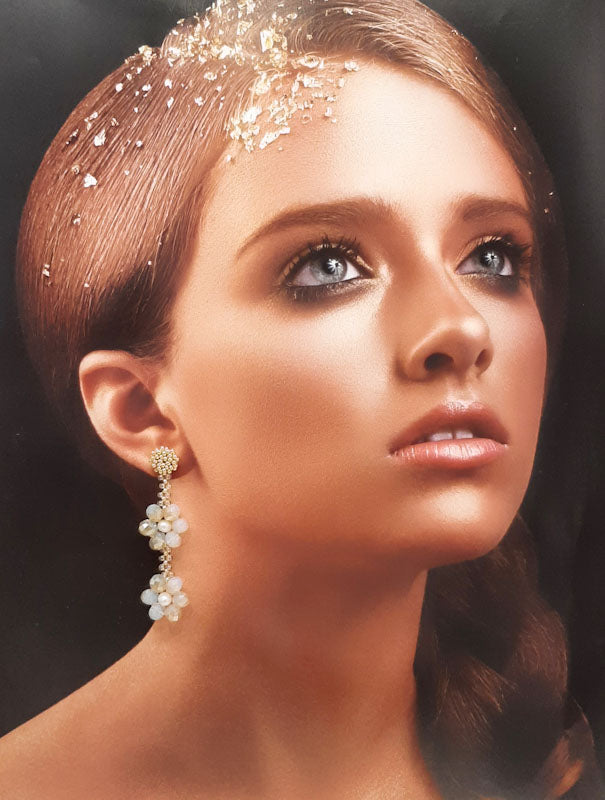 Morissa - hand beaded stud and opalite champagne glass beads flower shaped drop earrings