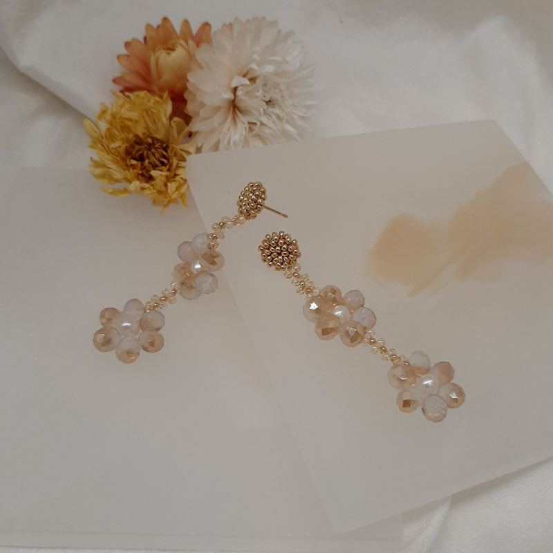 Morissa - hand beaded stud and opalite champagne glass beads flower shaped drop earrings