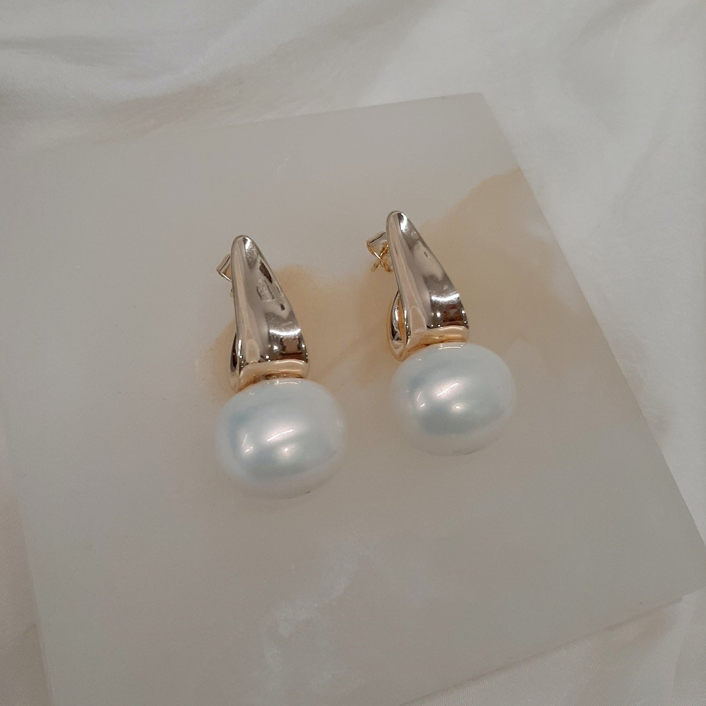 Nadine - oval shell bead pearl and gold tone droplet stud earrings