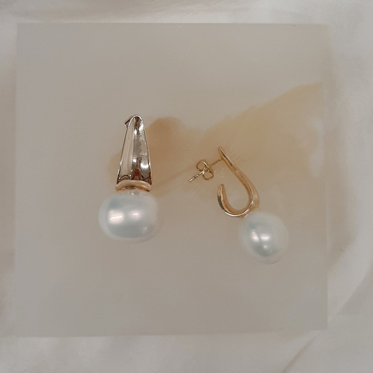 Nadine - oval shell bead pearl and gold tone droplet stud earrings