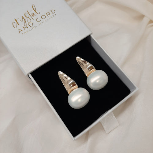 Nadine - oval shell bead pearl and gold tone droplet stud earrings