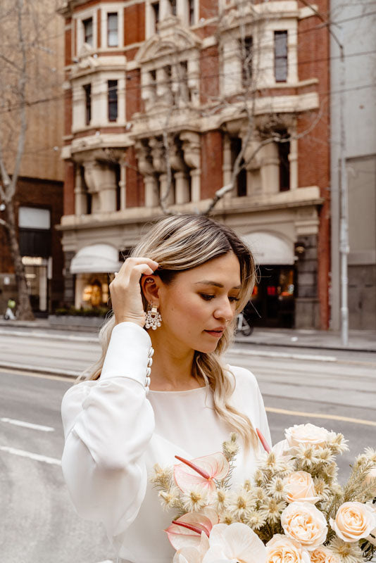 Naomi - Swarovski crystal pearl beads half circle shaped stud earrings