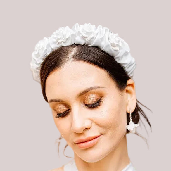 Nell - polymer clay roses and bridal satin scrunchie headband