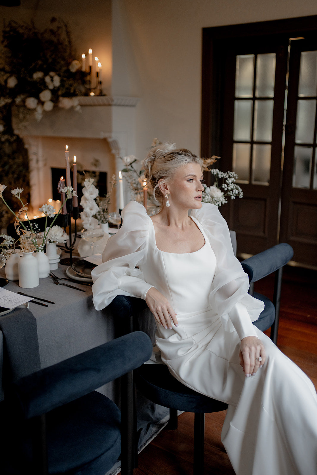 Monica - faux pearl drop and gold tone five petal flower stud earrings