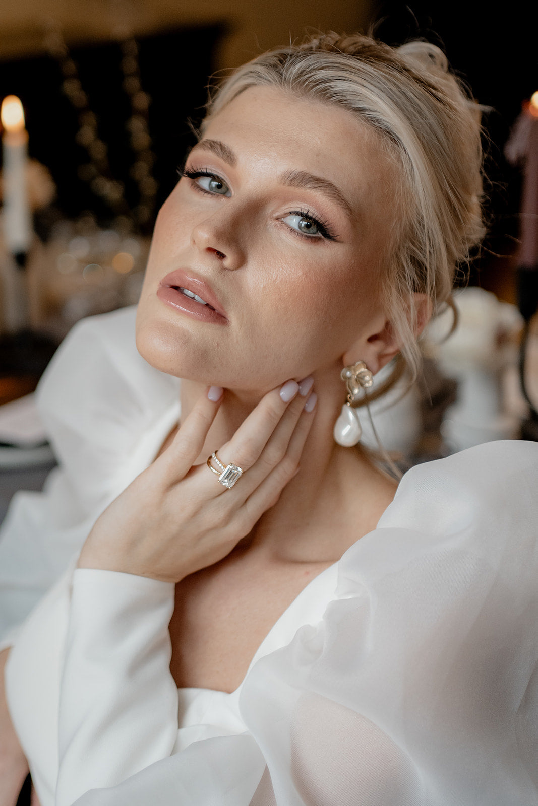 Monica - faux pearl drop and gold tone five petal flower stud earrings