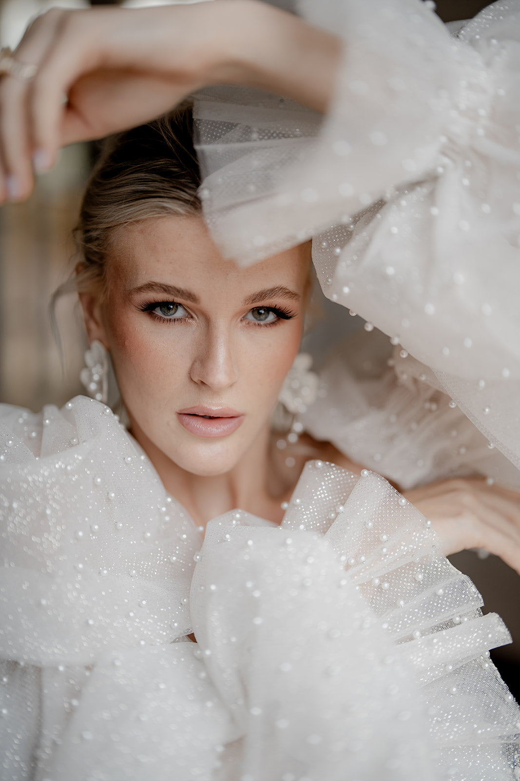 Katharina - crystal pearls long cascading orchid shaped flower stud earrings