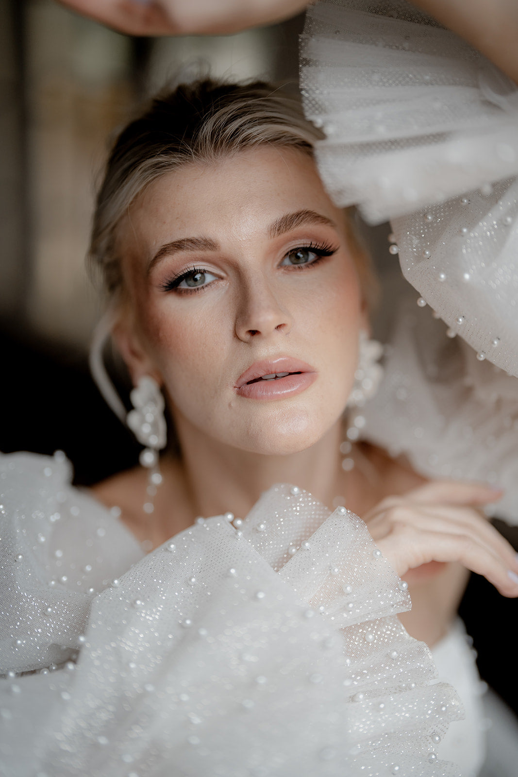 Katharina - crystal pearls long cascading orchid shaped flower stud earrings