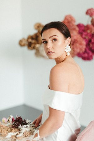 Nina - white ivory lace flower and Preciosa crystal pearls statement drop stud earrings