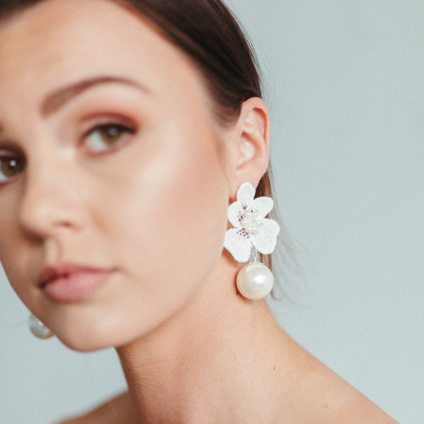Nina - white ivory lace flower and Swarovski crystal pearls statement drop stud earrings