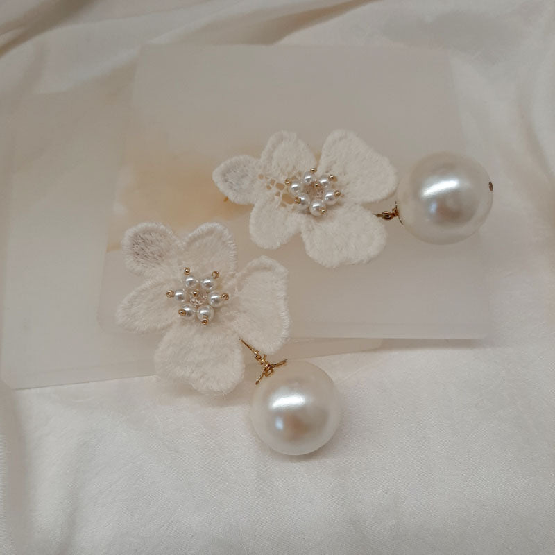 Nina - white ivory lace flower and Preciosa crystal pearls statement drop stud earrings