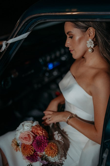 Nina - white ivory lace flower and Preciosa crystal pearls statement drop stud earrings