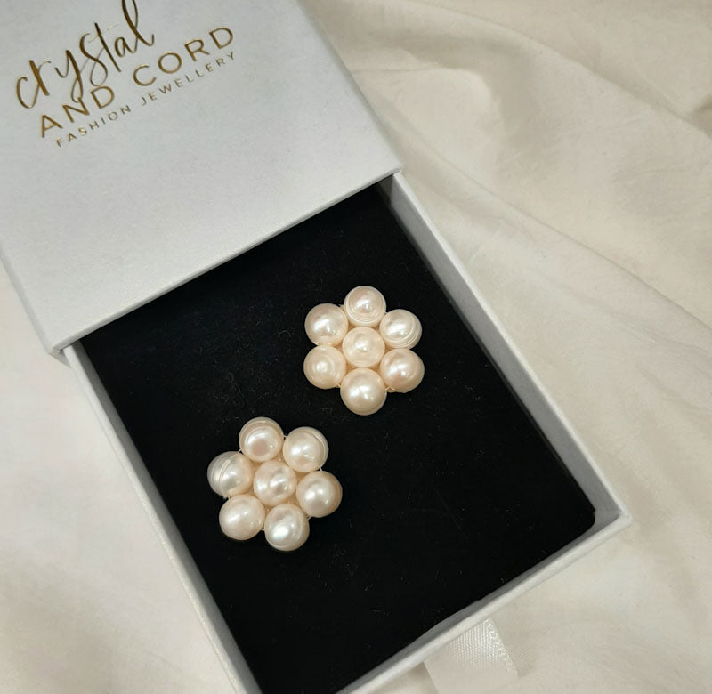 Paris - natural cultured freshwater pearls large flower shaped stud earrings