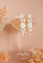 Load image into Gallery viewer, Rose - polymer clay flowers, white freshwater pearls long cascading stud drop earrings